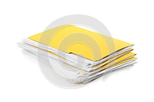 Stack of yellow files with documents on white background