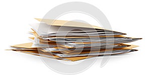 Stack of yellow files with documents on white background