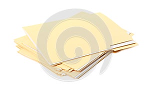 Stack of yellow files with documents on white background