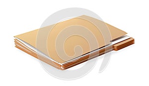 Stack of yellow files with documents on white background