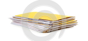 Stack of yellow files with documents on white background