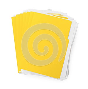 Stack of yellow files with documents on white background, top view