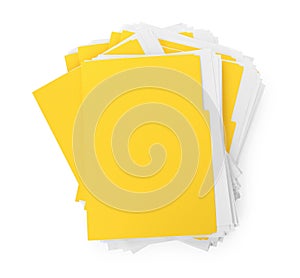 Stack of yellow files with documents on white background, top view