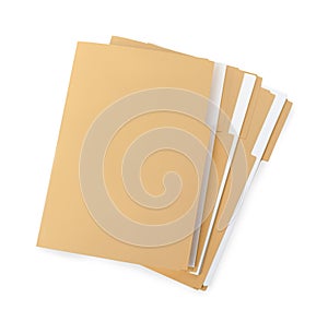 Stack of yellow files with documents on white background, top view