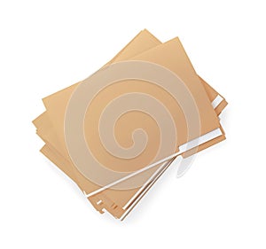Stack of yellow files with documents on white background, top view