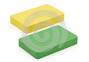 Stack of yellow and green rectangular objects on white background for design and decoration