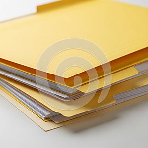 Stack of Yellow Manila Folders with Documents on a White Surface paper office