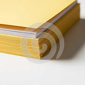 Stack of Yellow Paper Files with White Paper Inserts on a White Surface documents