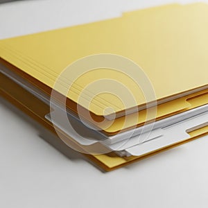Stack of Yellow and White File Folders on a White Surface document paper