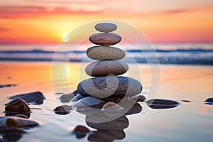 Stack of zen stones on the beach at sunset. Zen concept