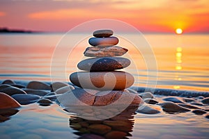 Stack of zen stones on the beach at sunset. Zen concept