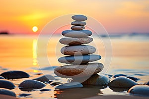 Stack of zen stones on the beach at sunset. Zen concept