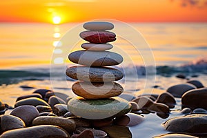 Stack of zen stones on the beach at sunset. Zen concept
