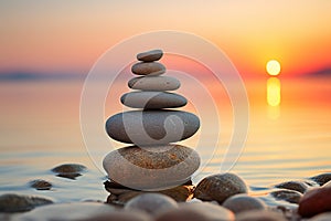 Stack of zen stones on the beach at sunset. Zen concept