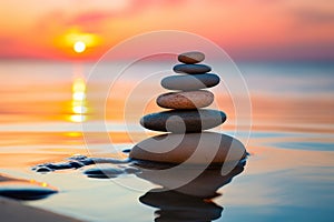 Stack of zen stones on the beach at sunset. Zen concept