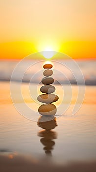 Stack of zen stones on the beach at sunset. Zen concept