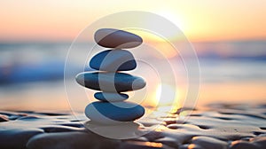 Stack of zen stones on the beach at sunset. Zen concept