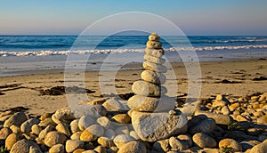 Stack of zen stones on pebble beach. Beach landscape.