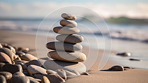 Stack zen stones on pebble beach. Generative AI