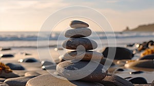 Stack zen stones on pebble beach. Generative AI
