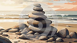 Stack zen stones on pebble beach. Generative AI