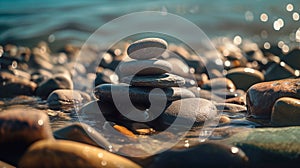 Stack zen stones on pebble beach. Generative AI