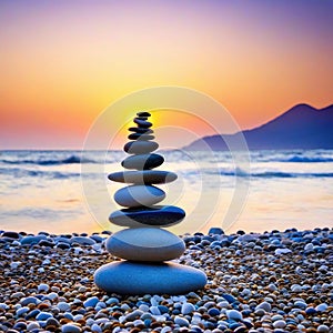 Stack of zen stones on pebble beach at