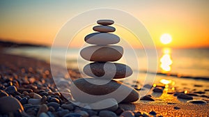 Stack of zen stones on pebble beach at sunset