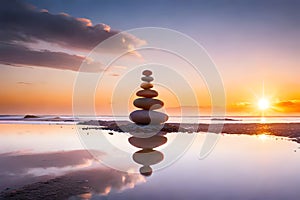 Stack Of Zen Stones On Pebble Beach At Sunset. Post-Processed. Generative AI