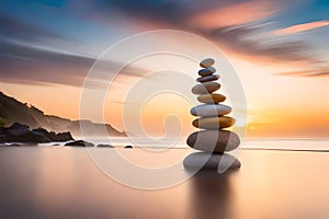 Stack Of Zen Stones On Pebble Beach At Sunset. Post-Processed. Generative AI