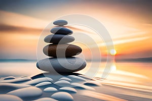 Stack Of Zen Stones On Pebble Beach At Sunset. Post-Processed. Generative AI