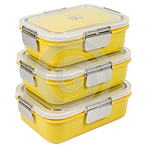 Stackable lunch containers in yellow isolated on white background