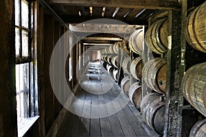 Stacked aging whiskey, scotch, bourbon barrels in Kentucky