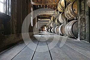 Stacked aging whiskey, scotch, bourbon barrels in Kentucky