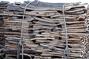 Stacked bark of raw cork oak