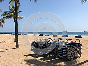 Stacked Beach Chairs Indicate Closed Florida Beach During Coronavirus Pandemic