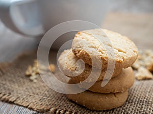 Stacked biscuit sweet cookie on rustic wooden table