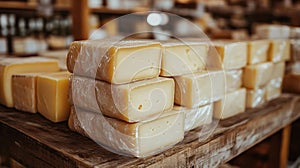 Stacked blocks of cheese at a rustic market.