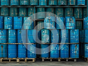 Stacked Blue Industrial Barrels on Pallets