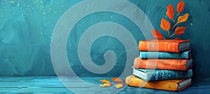 Stacked books with plant foliage on blue background. Serene illustration of books with leaves. Concept of learning