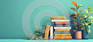 Stacked books with plant foliage on green backdrop. Serene illustration of books with leaves. Concept of learning