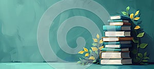 Stacked books with plant foliage on green background. Serene illustration of books with leaves. Concept of learning