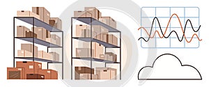 Warehouse Inventory on Shelves with Data Analytics Chart and Cloud Computing Concept