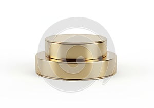 Stacked brass circular objects on white background