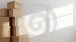 Stacked Cardboard Boxes Against White Wall