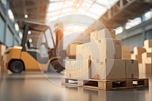 Stacked Cardboard Boxes with Forklift in Warehouse