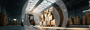 Stacked Cardboard Boxes with Forklift in Warehouse
