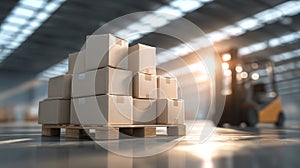 Stacked Cardboard Boxes with Forklift in Warehouse
