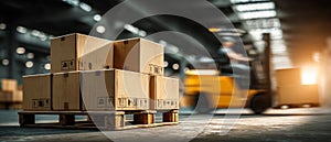 Stacked Cardboard Boxes with Forklift in Warehouse