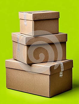 Stacked cardboard boxes on a green background.